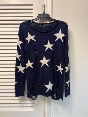 Forever 21 Navy and White Star-Print Distressed Sweater